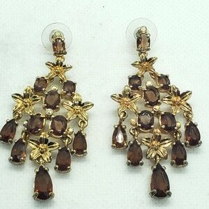 Earrings - Chandelier Gold and Brown Teardrop Earrings - Like-new